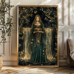 Celtic Goddess Danu Matte Print Celtic Mythology Wall Art Green and Gold Botanical Celtic Art Divine Feminine Fantasy Room Art Print