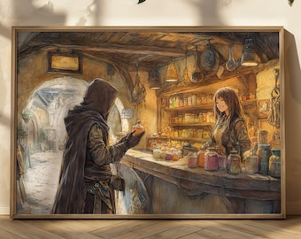May include: A framed print depicts a medieval apothecary scene. A hooded figure examines a bottle, while a smiling woman stands behind a counter filled with jars. The artwork is rendered in warm, earthy tones, evoking a sense of fantasy and old-world charm.