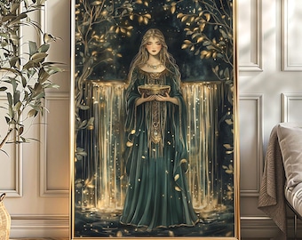 Impresión mate de la diosa celta Danu, arte mural de mitología celta, arte celta botánico verde y dorado, impresión artística de habitación de fantasía femenina divina