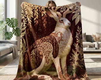 Fantasy Jackalope Sherpa Blanket, Autumn Woodland Throw, Mythical Forest Animal Blanket, Dark Cottagecore Decor, Gold Botanical Art