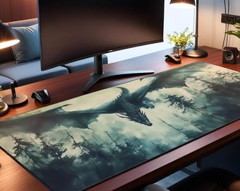 Dark Forest Dragon Desk Mat Fantasy Gaming Mat Dragon Office Decor Unique Gift for Gamers Dragon Lover Gift Dark Fantasy Game Room Decor