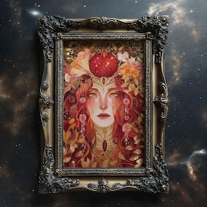 Persephone Goddess Print Greek Mythology Wall Art Pomegranate Queen Decor Underworld and Spring Matte Poster Divine Feminine Portrait