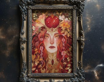 Persephone Goddess Print Greek Mythology Wall Art Pomegranate Queen Decor Underworld and Spring Matte Poster Divine Feminine Portrait