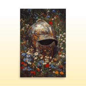 Lost Knight's Helm Floral Matte Print Floral Knight Fantasy Print Dark Cottage Core Wall Decor Fantasy Wildflower Wall Decor Fantasy