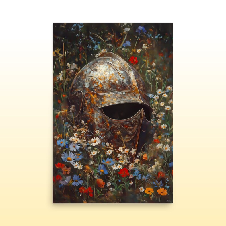 Lost Knight's Helm Floral Matte Print Floral Knight Fantasy Print Dark Cottage Core Wall Decor Fantasy Wildflower Wall Decor Fantasy