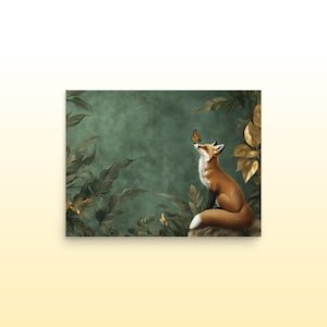 Whimsical Fox and Butterfly Fantasy Matte Print Green and Gold Botanical Fox Art Print Cute Fox and Butterfly Wall Art Fox Lover Art Print