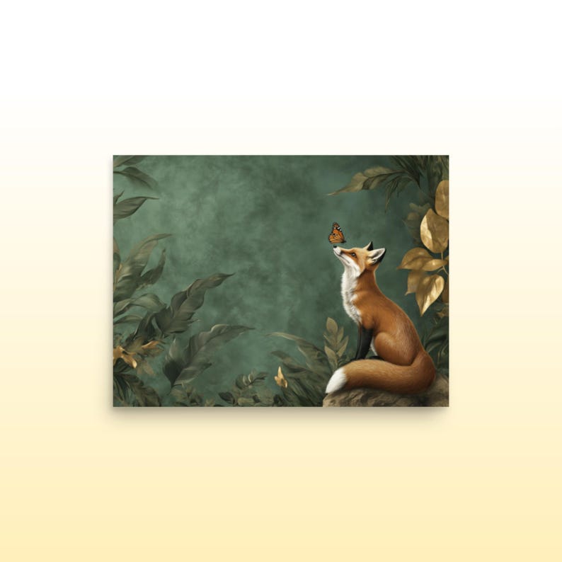 Whimsical Fox and Butterfly Fantasy Matte Print Green and Gold Botanical Fox Art Print Cute Fox and Butterfly Wall Art Fox Lover Art Print
