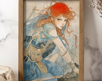 Greek Goddess Artemis Print Anime Style Ginger Greek Goddess Artemis Wall Art Greek Mythology Wall Art Gift for Fantasy Lover