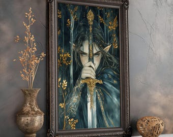 Female Elven Warrior Matte Print Female Elf Divine Feminine Art Elvin Fantasy Wall Decor DND Decor Game Room Decor Elven Botanical Art