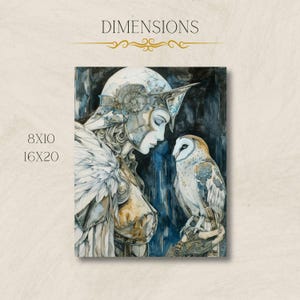 May include: A watercolor painting of a woman with a helmet and a white owl. The woman is wearing a silver and gold armor and has long blonde hair. The owl is perched on her arm and is looking at the woman. The background is a dark blue and black.