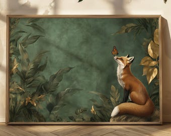 Whimsical Fox and Butterfly Fantasy Matte Print Green and Gold Botanical Fox Art Print Cute Fox and Butterfly Wall Art Fox Lover Art Print