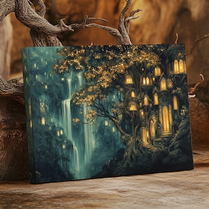 Elven Village Canvas Art Print Fantasy Forest Wall Decor Mystical Twilight Village Painting Enchanted Woodland Home Decor Elvish Wall Art