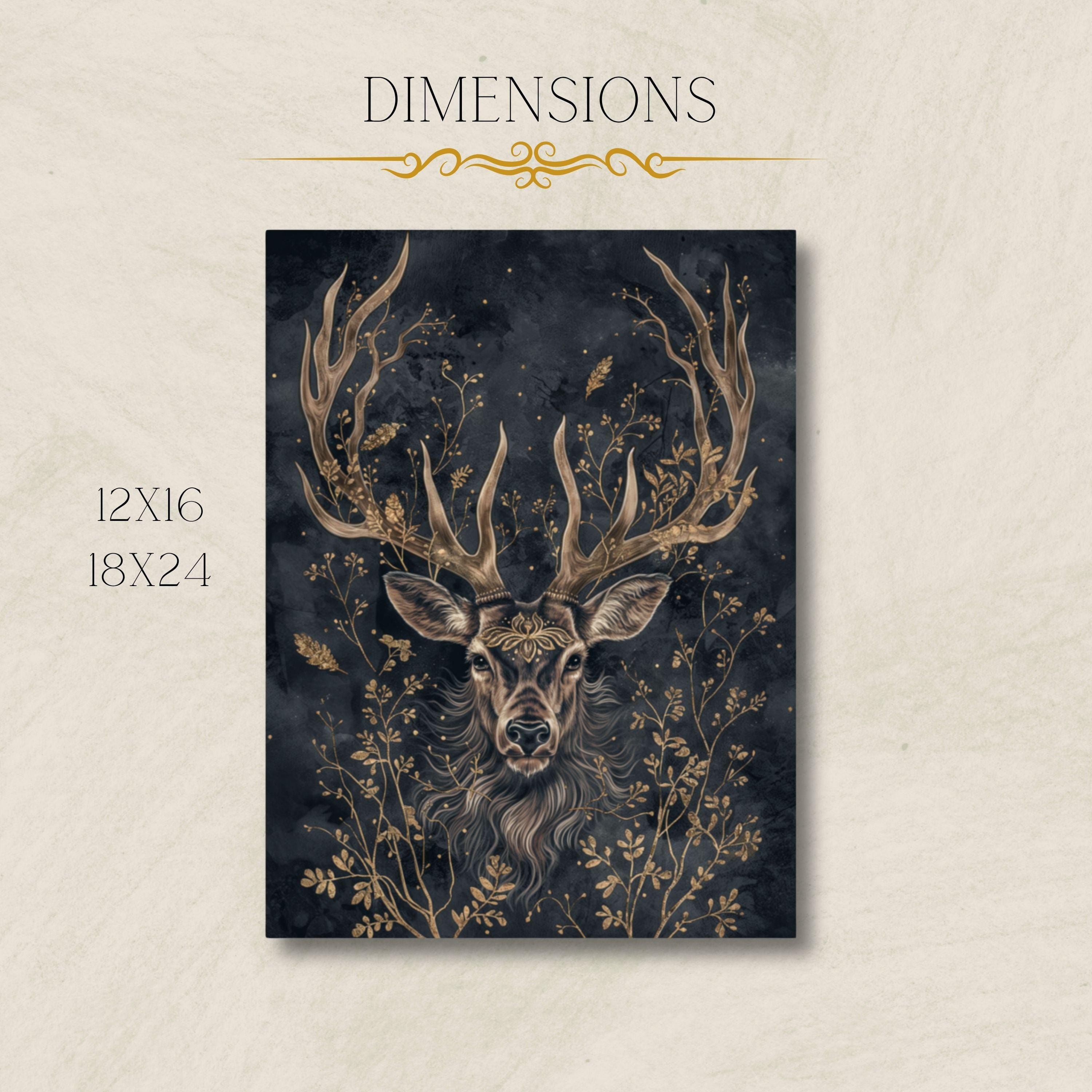 Mystical Stag Forest Print Fantasy Deer Wall Art Gold Botanical Matte ...