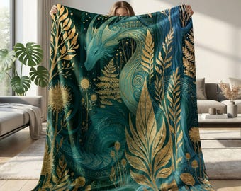 Enchanted Botanical Forest Dragon Fleece Sherpa Throw Mythical Dragon Fantasy Art Blanket Fantasy Illustration Fantasy Room Decor Gift