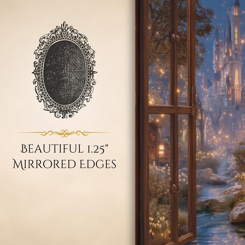 K&ouml;nnte beinhalten: Ein ovaler Spiegel mit aufwendigen schwarzen Details und verspiegelten Kanten. Der Text "BEAUTIFUL 1.25" MIRRORED EDGES" befindet sich unter dem Spiegel. Rechts ist ein Fenster mit Blick auf ein Schloss.