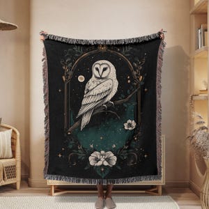 Floral White Owl Woven Blanket Fantasy Botanical Owl Large Woven Blanket Dark Cottagecore Owl Throw Blanket Floral Blanket Moon Owl Blanket