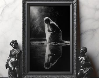 La Llorona Weeping Woman Matte Print Gothic Folklore Ghost Art Black and White Haunted Ghostly Woman River Legend Wall Decor for Halloween