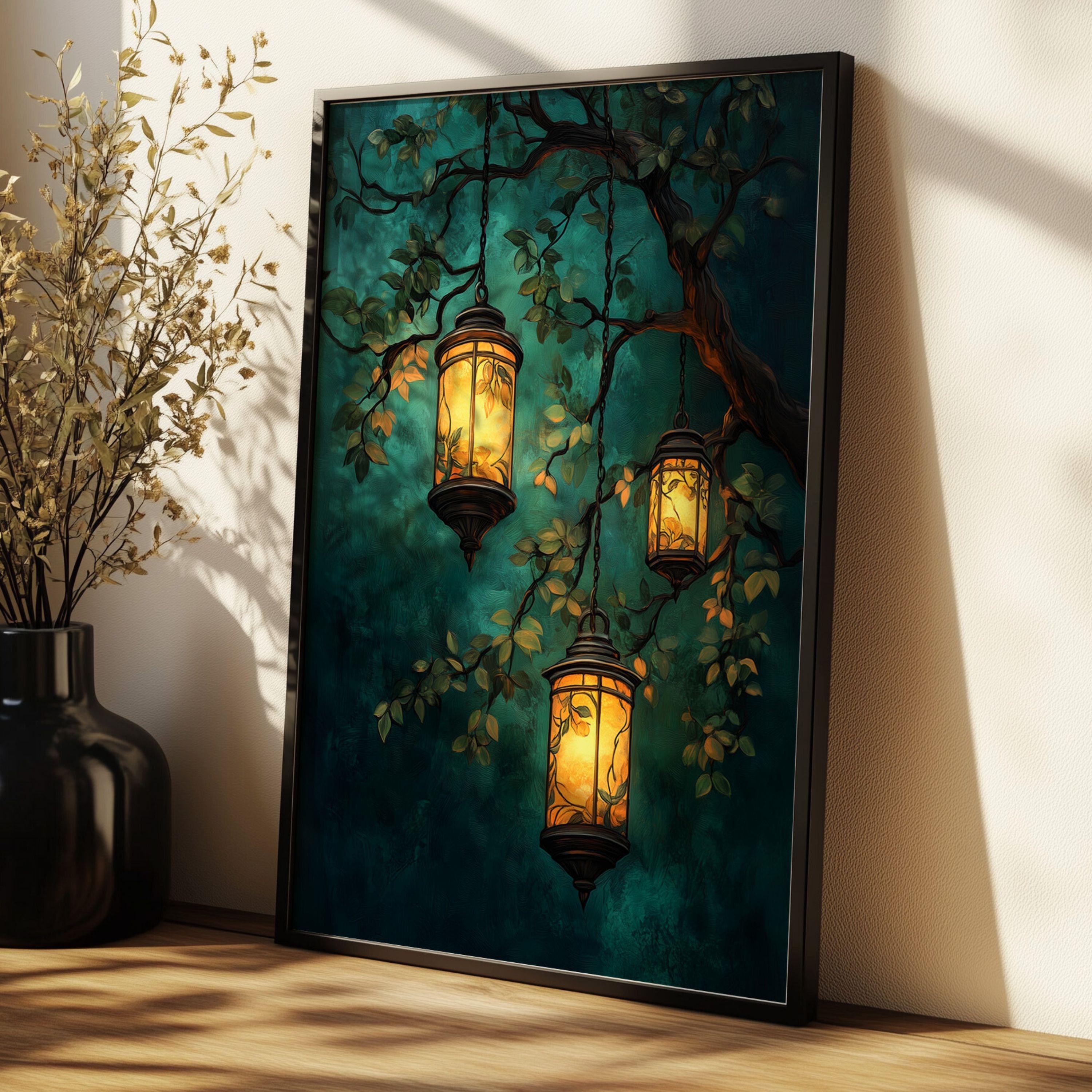Magical Lantern Forest Art Print Enchanted Elven Tree Wall Decor Fairy ...