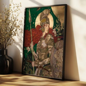 Impresión artística de Atenea, diosa griega, arte mural, póster de guerrera femenina divina, decoración mitológica, lanza y escudo, ilustración de fantasía mate