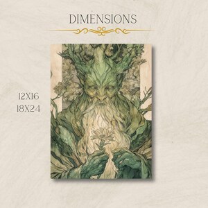 May include: A digital painting of a green-skinned, bearded man with a tree-like crown holding a white flower. The background is a forest scene with a wooden texture.