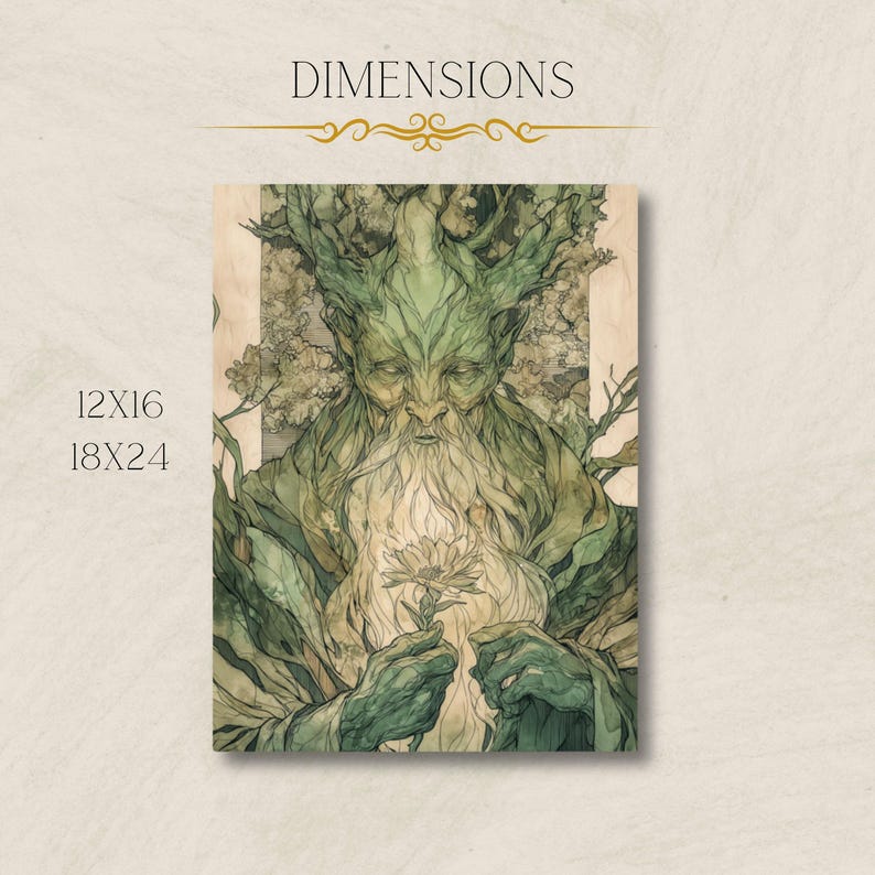 May include: A digital painting of a green-skinned, bearded man with a tree-like crown holding a white flower. The background is a forest scene with a wooden texture.