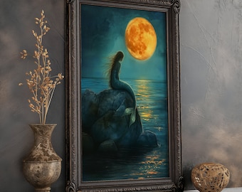 Moonlit Mermaid Print, Mermaid Painting Print, Mermaid Decor For Her, Mermaid Wall Hanging, Beach House Gift, Mermaid Core Kid Room Decor