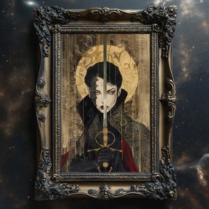 May include: A framed painting of a woman in a dark dress holding a sword. The woman has dark hair and dark eyes. The background is a gold and black pattern.
