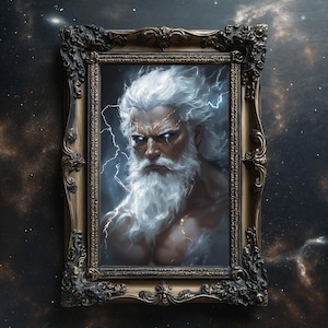 Impresión de calidad de museo del dios griego Zeus, impresión del dios griego del rayo, arte de pared del dios Zeus, decoración de sala de juegos, decoración de pared de mitología griega moderna