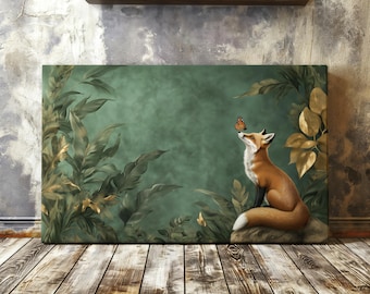 Whimsical Fox and Butterfly Fantasy Canvas Print Green and Gold Botanical Fox Art Print Cute Fox and Butterfly Wall Art Fox Lover Wall Art