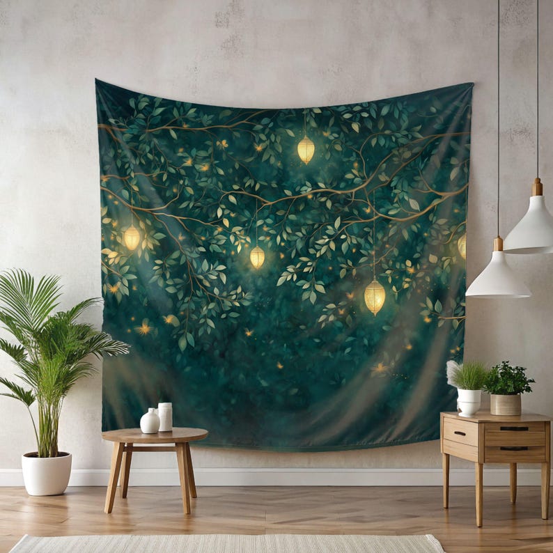 May include: A tapestry featuring a dark green forest scene with glowing lights hanging from the branches. The lights are a pale yellow color and the leaves are a deep green.