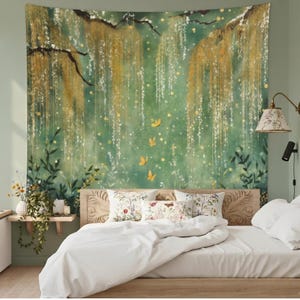 May include: A large tapestry depicting a watercolour painting of a tranquil forest scene. The artwork shows a green and gold willow tree with hanging branches, yellow butterflies, and lush foliage. The tapestry is above a bed with white bedding and floral pillows.