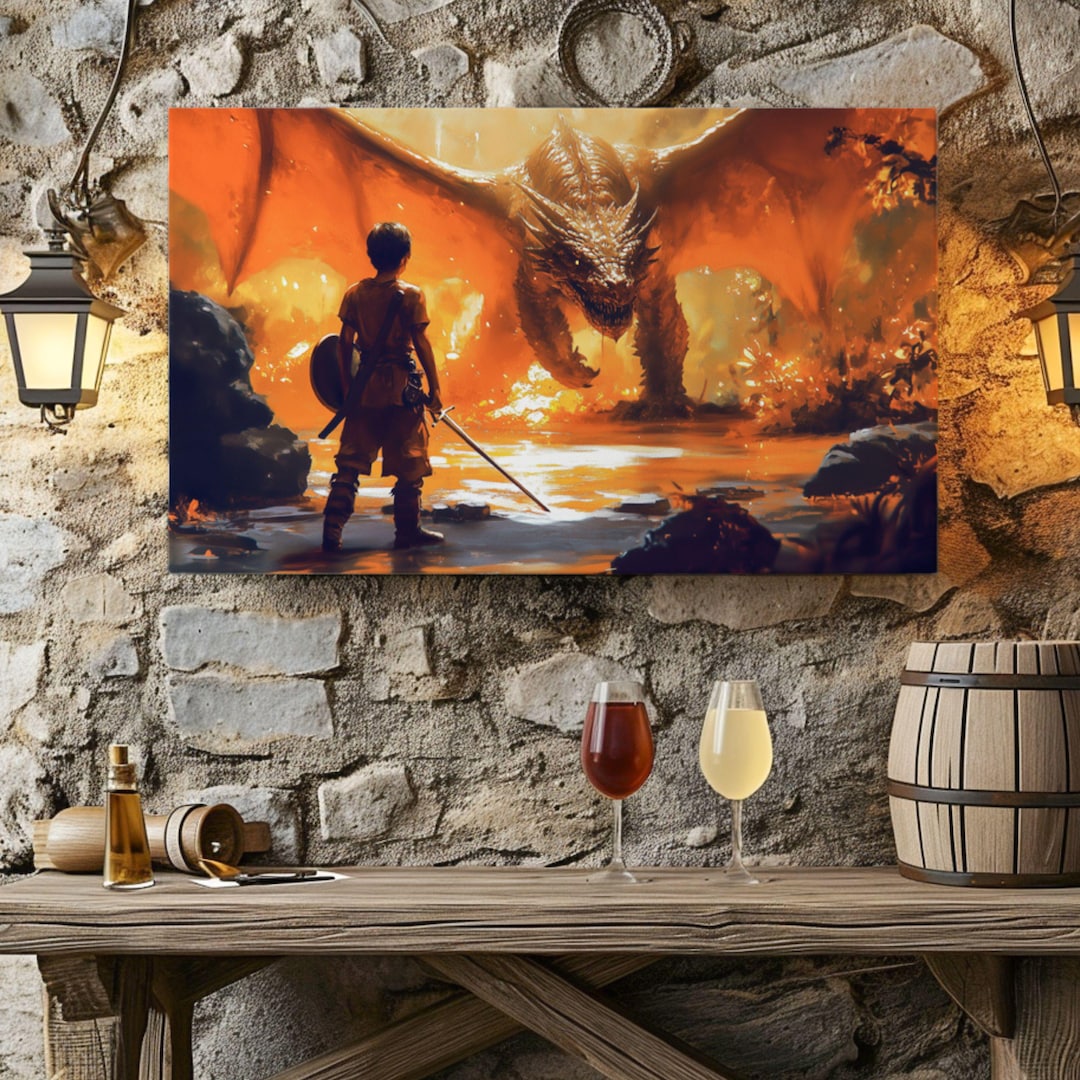 Young Brave Warrior Fantasy Canvas Print Warrior and Dragon Wall Art ...