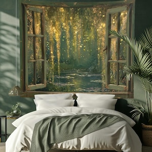 May include: A tapestry depicting an open window overlooking a serene pond scene with willow trees and sparkling lights. The window frame is a distressed green, and the scene evokes a sense of tranquility. The tapestry is displayed above a bed with white linens and a green throw.