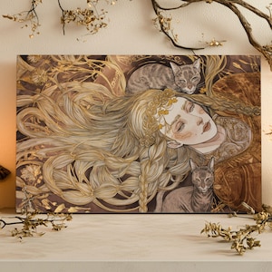 Freya Norse Goddess Canvas Print Viking Wall Art Nordic Mythology Decor Freya with Cats Divine Feminine Warrior Matte Canvas Painting