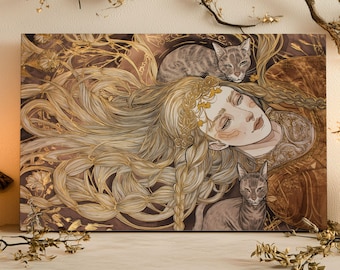 Freya Norse Goddess Canvas Print Viking Wall Art Nordic Mythology Decor Freya with Cats Divine Feminine Warrior Matte Canvas Painting