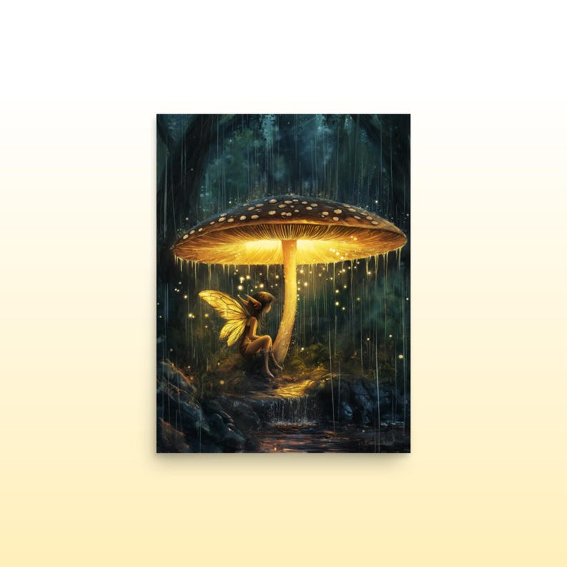 Mushroom Shelter, Fantasy Museum Quality Matte Print Fairy Under Mushroom Fantasy Print Cozy Luminous Mushroom Wall Decor Fantasy Art Gift
