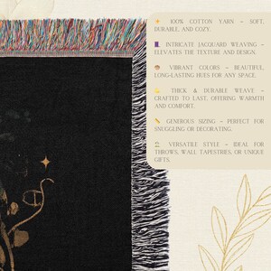 May include: A black woven tapestry with a gold floral design. The tapestry has a fringe border and is made of 100% cotton yarn. The text on the tapestry reads: "100% Cotton Yarn - Soft, Durable, and Cozy. Intricate Jacquard Weaving - Elevates the Texture and Design. Vibrant Colors - Beautiful Long-Lasting Hues for Any Space. Thick & Durable Weave - Crafted to Last. Offering Warmth and Comfort. Generous Sizing - Perfect for Snuggling or Decorating. Versatile Style - Ideal for Throws, Wall Tapestries, or Unique Gifts."
