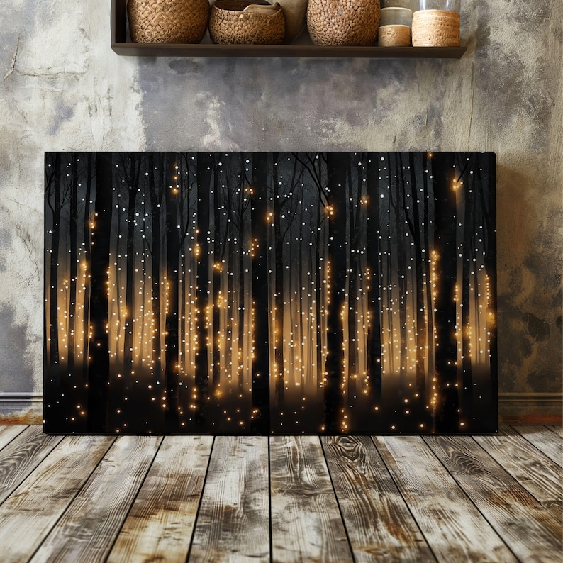 May include: A black and white canvas print depicting a forest scene with glowing lights. The lights are strung between the trees and create a magical atmosphere.