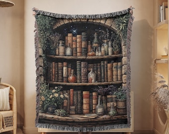 Fantasy Bookshelf Botanical Woven Blanket Whimsical Plants and Books Tapestry Fantasy Decor Dark Academia Decor Wizards Bookshelf Throw