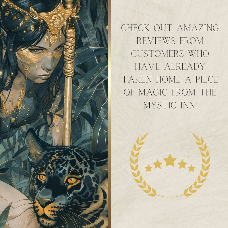 May include: A woman with dark hair and gold jewelry stands in a jungle setting with a jaguar. The woman is holding a golden staff. The text reads "CHECK OUT AMAZING REVIEWS FROM CUSTOMERS WHO HAVE ALREADY TAKEN HOME A PIECE OF MAGIC FROM THE MYSTIC INN!" with five gold stars below the text.