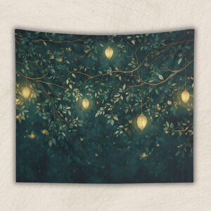 May include: A tapestry featuring a dark green forest scene with glowing lanterns hanging from branches. The lanterns are a warm yellow color and there are small, white lights scattered throughout the scene, resembling fireflies.