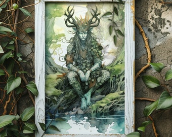 Cernunnos Green Man Matte Poster Cernunnos kunst, Cernunnos art print, Keltische God van de natuur Waterkleur en inkt Green Man gehoornde God, ingelijst