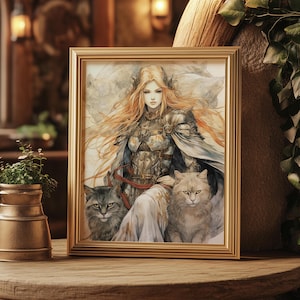 Freya, Norse Queen of the Valkyries Poster Wall Decor Japanese Water Color and Ink Art Nordic Mythological Wall Decor Freya with Cats