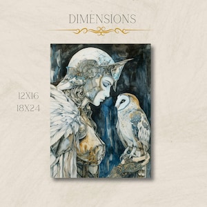 May include: A watercolor painting of a woman in armor with a white owl perched on her arm. The woman is wearing a helmet with a feathered plume and a silver breastplate. The owl is looking at the woman with its head tilted. The background is a dark blue and gray.