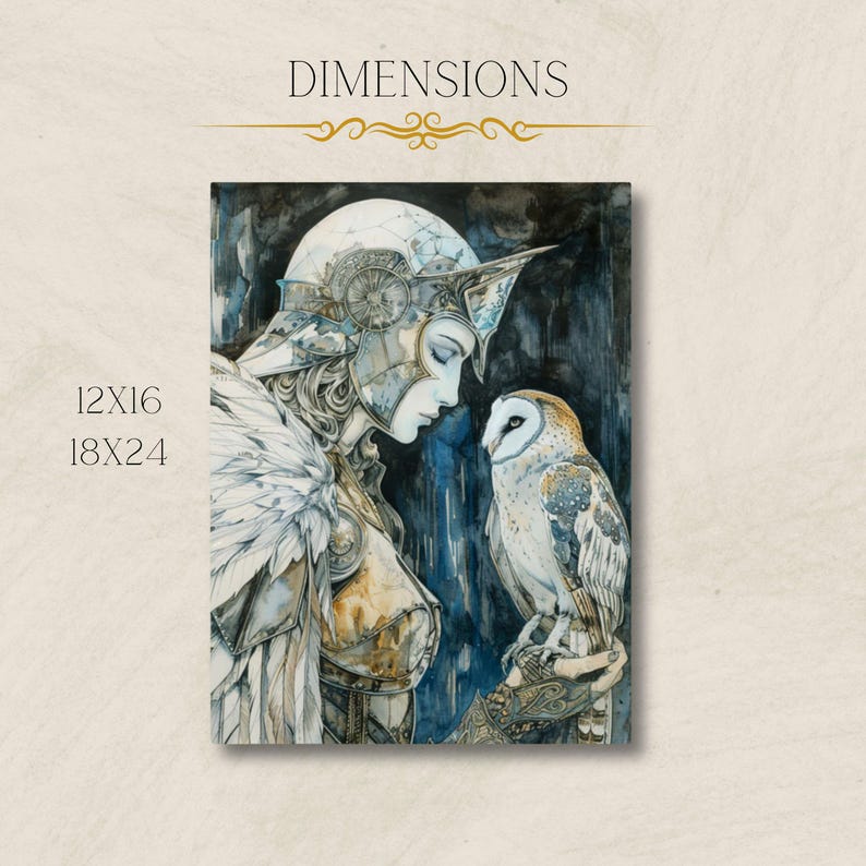 May include: A watercolor painting of a woman in armor with a white owl perched on her arm. The woman is wearing a helmet with a feathered plume and a silver breastplate. The owl is looking at the woman with its head tilted. The background is a dark blue and gray.