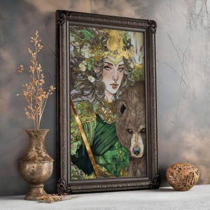 Artio Celtic Goddess Matte Print Bear Spirit Wall Art Mythology Nature Deity Poster Warrior Woman Fantasy Print Green Gold Fantasy Decor