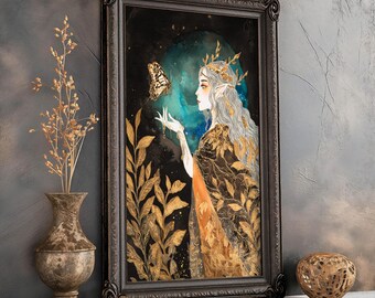 Elven Moonlight Queen Art Print etherische elf vrouw met vlinder fantasie bladgoud godin muur kunst mystieke matte poster voor Witchy decor