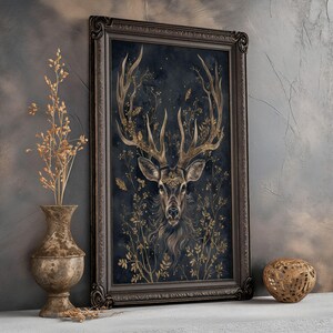 Mystical Stag Forest Print Fantasy Deer Wall Art Gold Botanical Matte ...