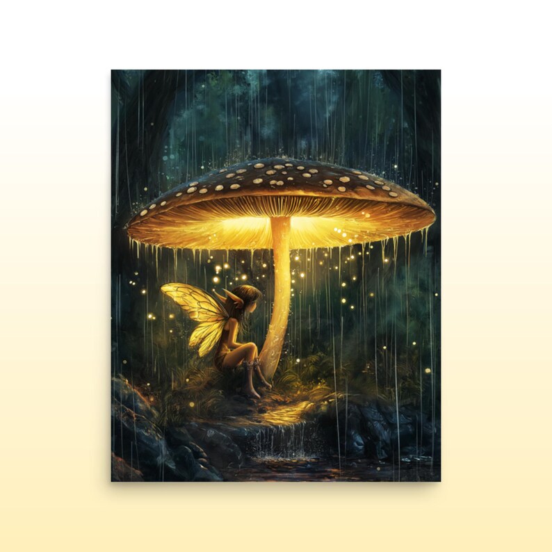 Mushroom Shelter, Fantasy Museum Quality Matte Print Fairy Under Mushroom Fantasy Print Cozy Luminous Mushroom Wall Decor Fantasy Art Gift