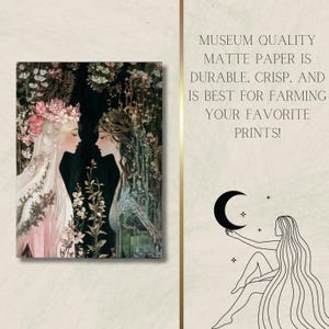 May include: Two women with long flowing hair stand facing each other in a forest setting. They are surrounded by lush greenery and flowers. The women are wearing flowing gowns and have delicate features. The artwork is painted in a soft, romantic style.